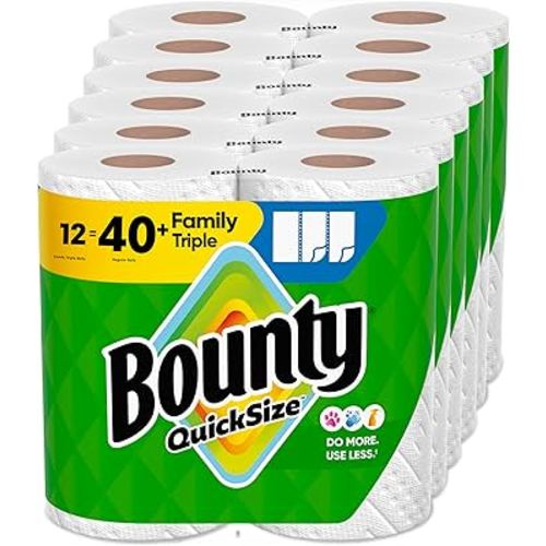 Bounty Quick-Size Paper Towels, White, 12 Family Triple Rolls = 40 Regular Rolls
