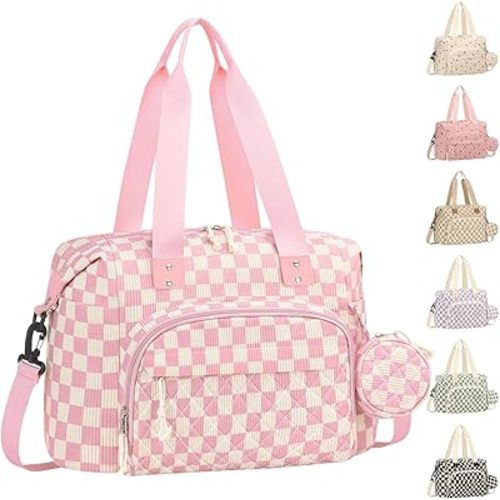 Tenot Diaper Bag Tote, Baby Bag with Pacifier Case, Pink Checkered