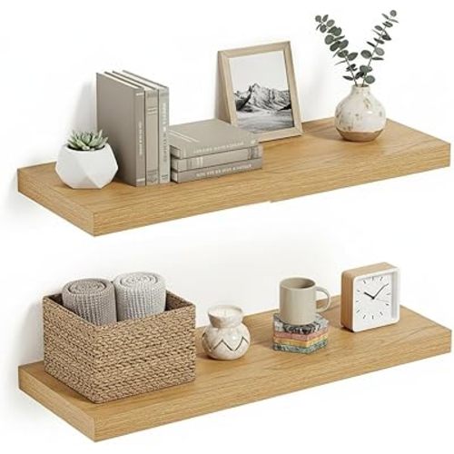 Vivelove Floating Shelves 24 inchs Long, Bathroom Shelves Over Toilet 9.1” Deep, Wall Mounted Wall Shelves for Bedroom, Living Room, Kitchen, Office, Rustic Home Decor, Oak, Set of 2