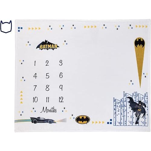 Everything Kids Warner Brothers Batman White and Black Batmobile, Gotham City, and Bat Signal Milestone Baby Blanket