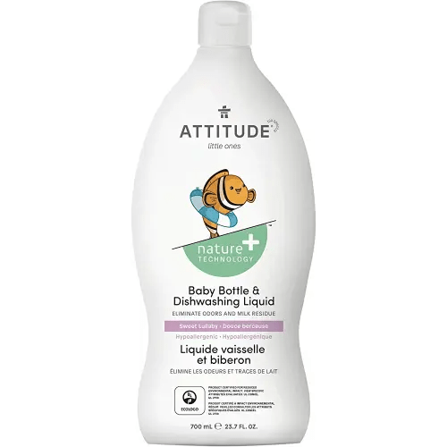 ATTITUDE Baby Dish Soap and Bottle Cleaner, EWG Verified Dishwashing Liquid, No Added Dyes or Fragrances, Tough on Milk Residue and Grease, Vegan, Sweet Lullaby, 23.7 Fl Oz