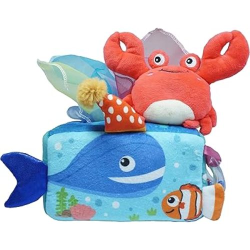 Magic Little Sea Box - Baby Montessori Toy 6 to 12 Months, Sensory Pull, Squeeze and Motor Movement; 10+ Crinkle Fabric, Squeaky Stuffie, Rattle, High Contrast and Safe for Newborn