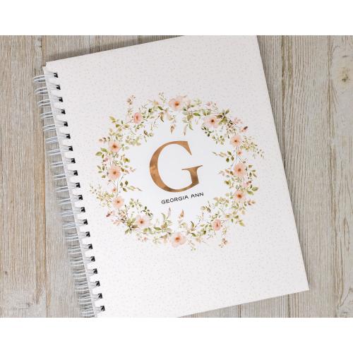 Baby Memory Book for Girls - Hardcover Personalized First Year Baby Journal - Baby Girl Book - Floral Flowers - Wild Rose Wreath Initial