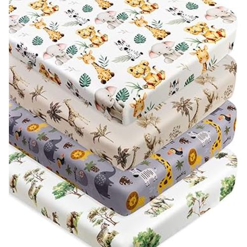 4 Pack Safari Jungle Animals Neutral Unisex Fitted Nursery Baby Sheets Set Toddler Mattress Sheets for Baby Boys or Girls (Crib Sheets)