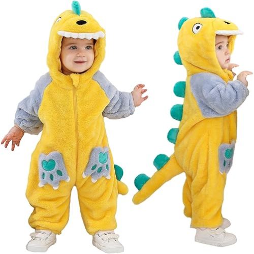 LOLANTA Unisex Baby Dinosaur Costume Fleece Hooded Animal Rompers One Piece Snowsuit