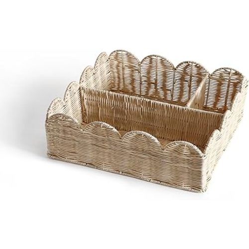 Rattan Divided Scalloped Basket,Wicker Diaper Caddy Scalloped Baske,Woven Natural Basket with 4 Dividers,Suitable for Baby Rooms, Bathrooms, Bedrooms (Rattan)