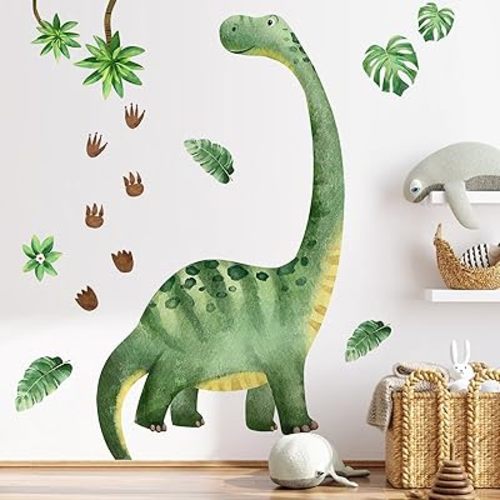 Dinosaur Wall Decals for Boys Room Green Dino Wall Stickers with Footprints Tropical Palm Leaves Kids Baby Nursery Bedroom Playroom Living Room Classroom Home Wall Decor BM2063