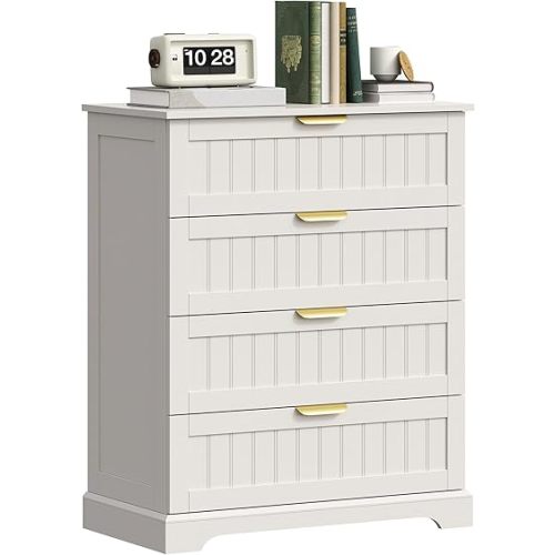 4 Drawer Dresser for Bedroom, Modern Farmhouse Wood Chest of Drawers with Metal Handles, Spacious Storage Drawers for Closet, Living Room, Entryway, White