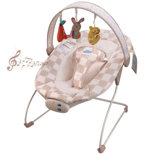 Tiny Marvels Deluxe Cozy Baby Bouncer with Soothing Vibrations and Music,3 Sensory Toys,Age 0-6 Months(Sand Checks)