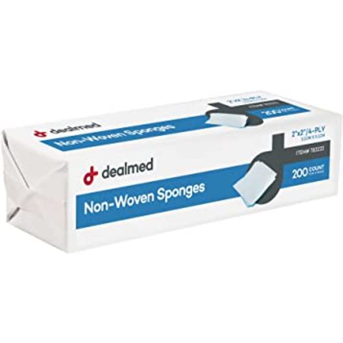 Dealmed 2" x 2" Non-Woven Gauze Sponges (200 Count) 4-Ply All-Purpose Non-Sterile Absorbent Dental Gauze Wound Care Product for First Aid Kit/Medical Facilities (Pack of 1)