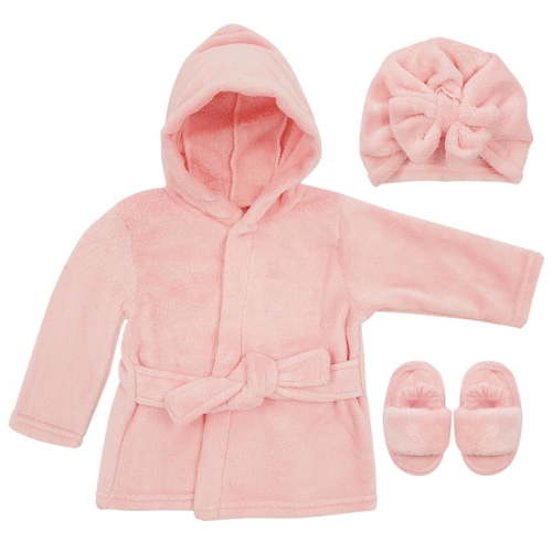 Baby Robe - Soft Plush Bath Towel Robe Spa Set - Baby Bathrobe Towel & Slippers for Boys + Turban for Girls Robe Set (Pink, 0-9 Months)