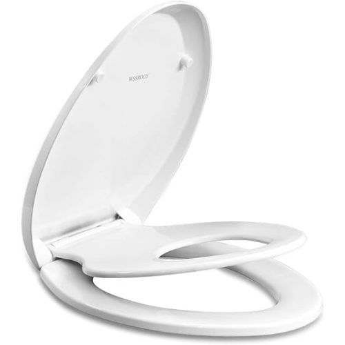 WSSROGY Elongated Toilet Seat with Built in Potty Training Seat, Magnetic Kids Seat and Cover, Slow Close, Fits both Adult and Child, Plastic, White