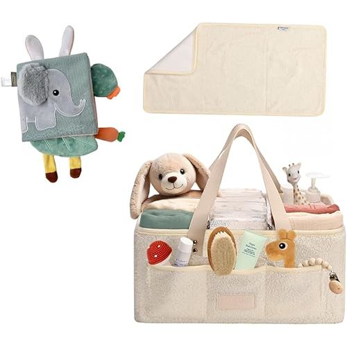 Cute Baby Soft Book and Teddy Diaper Caddy with Changing Pad (Beige) Bundle