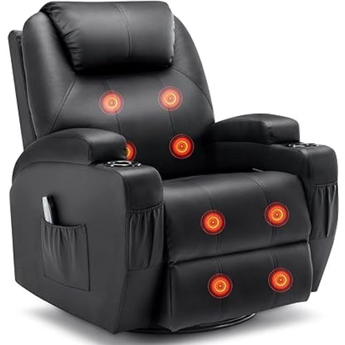 Recliner Chair, Rocking Chair with Massage and Heat, 360° Swivel Recliner Chairs for Adults, Rocker Manual Recliner with Remote Control and Cup Holder for Living Room, Bedroom, Nursery