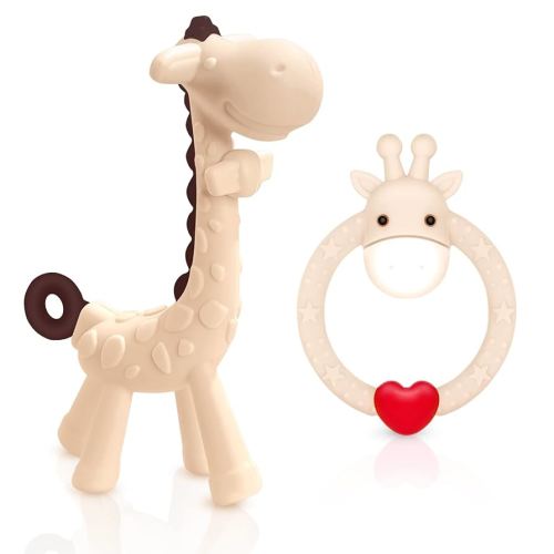SHARE&CARE BPA Free Silicone Giraffe Baby Teether Toy with Storage Case, for 3 Months Above Infant Sore Gums Pain Relief and Baby Shower, Baby Teething Toys (Cream)