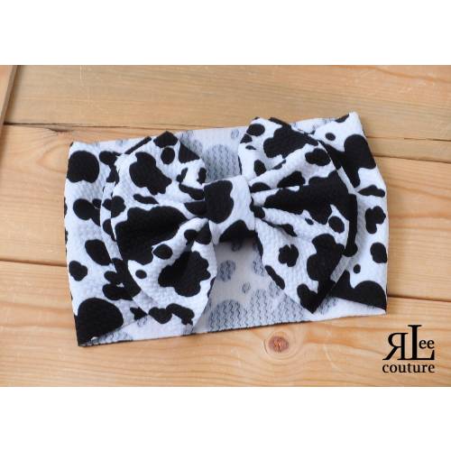 Cow Bow - Stretchy Cow Headwrap - Permanently Sewn Wrap - Pull Proof - Baby Bow - Girls Bow - Big Bow - Large Bow