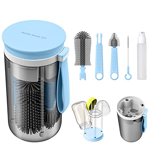 ZHENNIAN Travel Baby Bottle Brush Set with Durable Silicone Bottle Brush，Nipple Brush，Portable Baby Bottle Drying Rack，Straw Cleaner Brush，Baby Bottle Soap Dispenser，New Born Essentials for Baby
