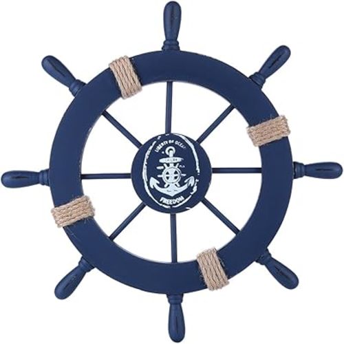 Rienar Nautical Beach Wooden Boat Ship Steering Wheel Fishing Net Shell Home Wall Decor (Deep Blue)