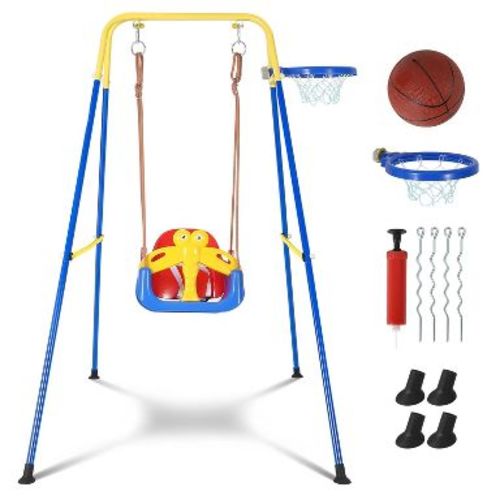 4-in-1 Toddler Swing Set with Basketball Hoop, Adjustable Indoor/Outdoor Play Gym for Ages 6-72 Months, Blue and Yellow
