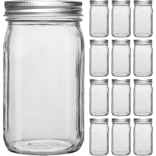Mason Jars 32 oz,12 Pack Quart Mason Jars Wide Mouth With Lids,32oz Glass Canning Jars for Centerpieces,Food Storage,Meal Prep,Overnight Oats,Fermenting