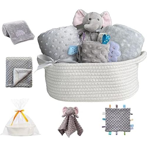 CREVENT Baby Welcome Gift Set Storage Basket with Two Blankets+ A Security Blanket + A Taggie + A Gift Bag with Ribbon (Grey)