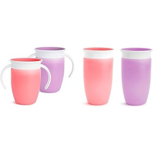 Munchkin® Miracle® 360 Trainer Sippy Cup with Handles, Spill Proof, 7 Ounce, 2 Pack, Pink/Purple & Miracle® 360 Toddler Sippy Cup, Spill Proof, 10 Ounce, 2 Pack, Pink/Purple