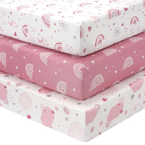 FIEMOL Baby Crib Sheets Girl, 3 Pack Toddler Bed Sheets Fit for 52”x28” Standard Crib and Toddler Mattresses, Super Soft Microfiber Pink Rainbow