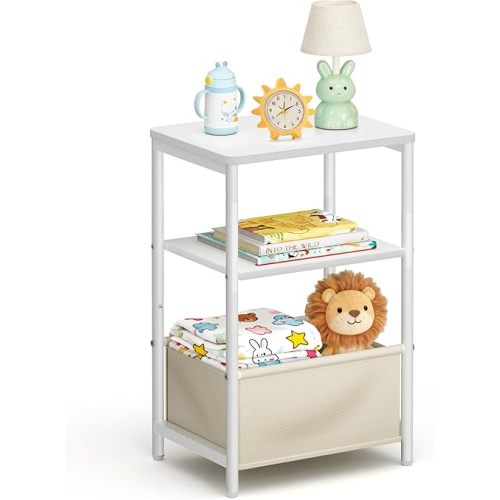 MISSLO Nursery Side Table for Living Room with Storage Basket Small End Tables for Small Spaces with Large Tabletop White Bedside Table Toddler Night Stand for Bedroom, Sofa, Dorm, Office