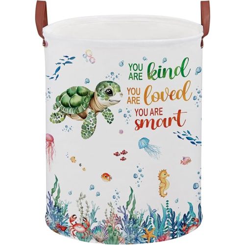 Turtle Laundry Basket 45L,Ocean Themed Bedroom Decor Baby Clothes Hamper,Fish Under The Sea Nursery Decor Beach Pool Towel Storage Bin Pool Toy Box (Blue)
