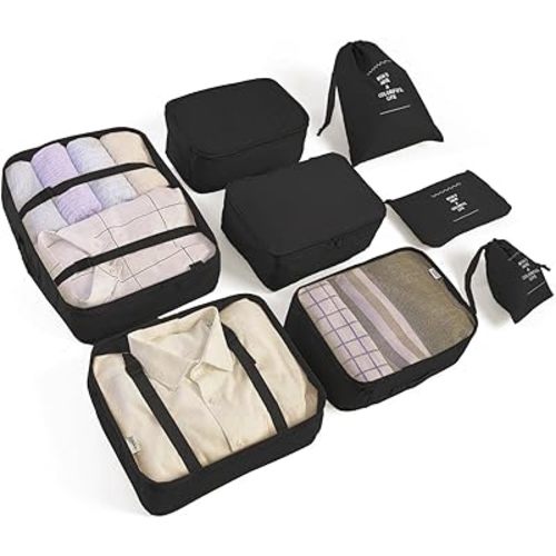 8 Set Packing Cubes for Suitcases Travel Luggage Packing Organizers,Travel Essentials Accessories Luggage Organizer with Shoe Bag Tioletry/Laundry Bag(Black)