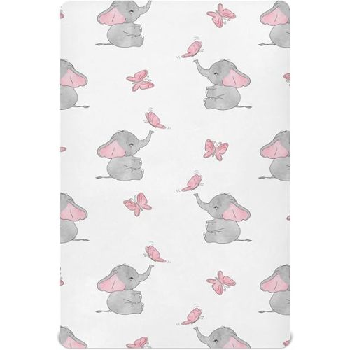 Elephant Butterfly Crib Sheets for Boys Girls Pack and Play Sheets Super Soft Mini Crib Sheets Fitted Crib Sheet for Standard Crib and Toddler Mattresses Baby Crib Sheets for Baby Girl Boy, 52x28IN