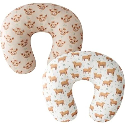 Little Jump 2 Pack Nursing Pillow Covers, Stretchy Removable Case for Breastfeeding Pillows, Ultra Soft Comfortable Slipcover for Unisex Baby Girls Boys Newborn (Neutral Highland Cows)