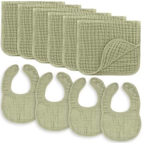 Comfy Cubs Baby Bibs & Burp Cloths Set Large - 6 Pack Muslin Burp Cloths & 4 Pack Muslin Bibs, Sage - Muslin Cotton Burp Bibs - Baby Essentials 6 Layers Extra Absorbent and Soft Boys & Girls