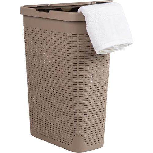Mind Reader 40L Slim Laundry Hamper, Clothes Basket, Lid, Wicker Design, Plastic, 18"L x 10.4"W x 23.5"H, Tan