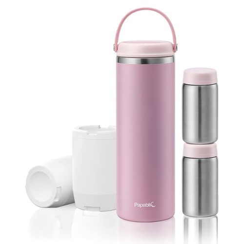 Papablic 360° CapsuleChill Breastmilk Cooler for 24H Safe Storage, Portable Breast Milk Chiller for Working Mom, 20oz Travel Cooler with 2pcs Stainless Steel Baby Bottles, Sakura Pink