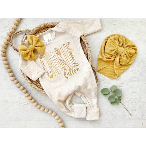 Personalized baby girl romper and bow, yellow infant girl coming home outfit custom name, baby shower gift sleeper with footies, sage green