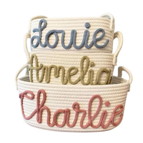 Personalized Baby Name Basket Cotton Rope Basket Diaper Caddy Custom Cotton Rope Room Shelf Storage Basket, Baby Stuff Organizer Storage Bin, Decorative Round Bin for Nursery Bedroom Bathroom(Style A)
