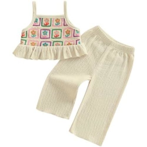 VISGOGO Baby Girl Outfits Toddler Girls Summer Clothes Crochet Flowers Camisole and Pants Set