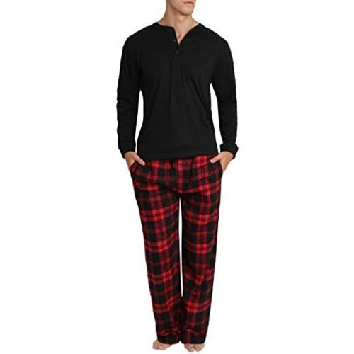 Men’s Pajama Set Pajamas For Men 2 Piece PJ Set with Cotton Flannel Men Pajama Pants and Long Sleeve Henley T-Shirt
