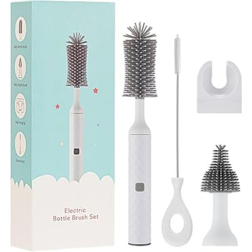 Electric Bottle Brush Set with Electric Silicone Baby Bottle Brush, Nipple Brush,Straw Cleaner Brush, Rechargeable&Waterproof Water Bottle Cleaner Brush, Perfect, White