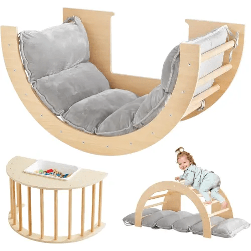 Beright 3 in 1 Climbing Arch Sensory Table with Cushion for Kids, Montessori Wooden Climbing Toys, Kids Sensory Table with a Storage Bin, Rocker Board, Indoor Gym Learning Playset