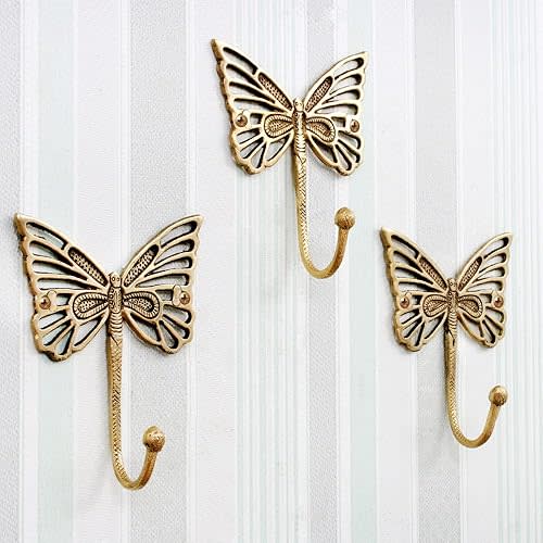 Indian Shelf Decorative Brass Butterfly Cute Kids Wall Hooks Heavy Duty Coat Rack Wall Mount Vintage Gold Towel Hooks for Hanging Coats, Keys, Backpack, Purse, Hat, Jewelry & More - 3 Pack