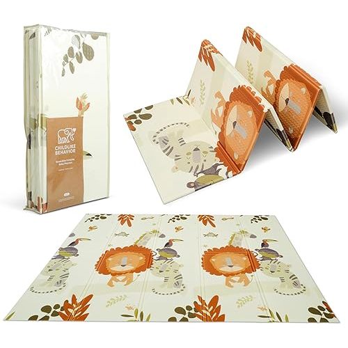 CHILDLIKE BEHAVIOR Baby Play Mat - 77 x 58-Inch Reversible Tummy Time Mat for Infants and Toddlers - Foldable EVA Foam Play Mat for Floor - Portable and Easy to Clean Crawling Mat - Safari