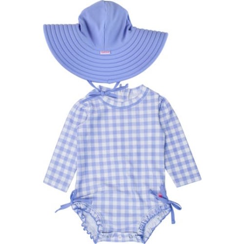 Gingham Long Sleeve One-Piece Rashguard Swimsuit & Hat Set, 6-12M
