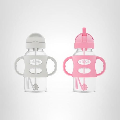 Dr. Brown's Milestones Wide-Neck Sippy Straw Bottle with 100% Silicone Handles and Weighted Straw, 9 oz/270 mL, Gray & Pink, 6m+, 2 Count (Pack of 1)