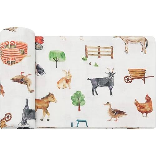 LifeTree Muslin Swaddle Blankets, Baby Swaddles Blanket for Boys Girls Neutral Newborn Nursery Essentials, Registry, Soft Large 47" x 47", Farm Animals, 70% Viscose from Bamboo and 30% Cotton