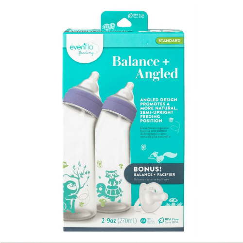Evenflo Feeding Balance+ Angled Bottle 9 Oz 2-Pack with Pacifier