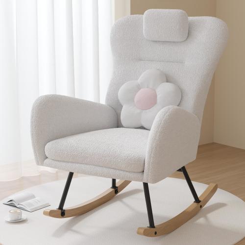 PAPROOS Modern Teddy Fabric Nursery Rocking Chair, Accent Rocker Chair with High Backrest for Nursery, Accent Glider Rocker for Living Room Bedroom Playroom，White