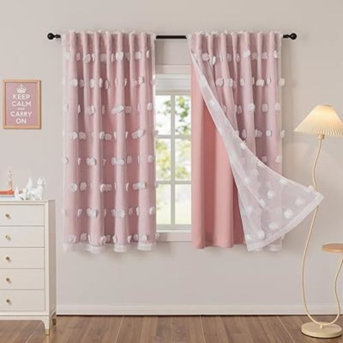MYSKY HOME Pink Curtains for Girls Bedroom Nursery Curtain Double Layer White Pom Pom Sheer Window Panels for Kids Room Back Tab Room Darkening Window Drapes 63 Inches Length, W52 X L63, 2 Pieces