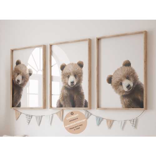 Peeking Bear Nursery Print, Baby Bear Nursery Wall Art, Peekaboo Bear Nursery Decor, Neutral Nursery Decor, Woodland Nursery art, set of 3